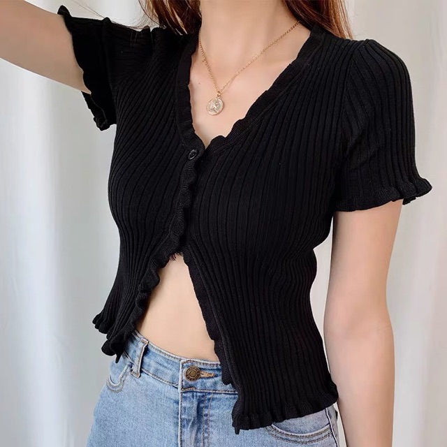 [Order] Áo len gân cúc ngực hở eo style Jennie Blackpink