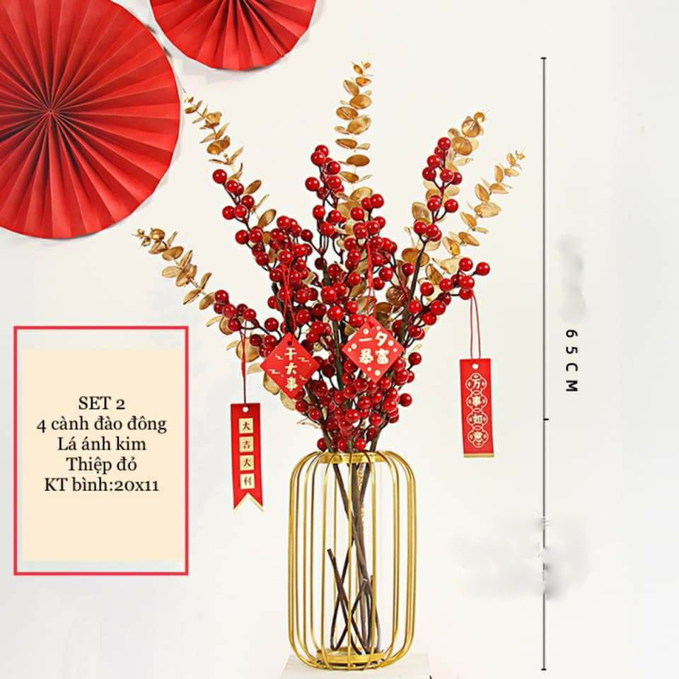 Bình hoa đào đông đỏ tài lộc Hoa giả decor Lọ hoa để bàn trang trí phòng khách ngày tết