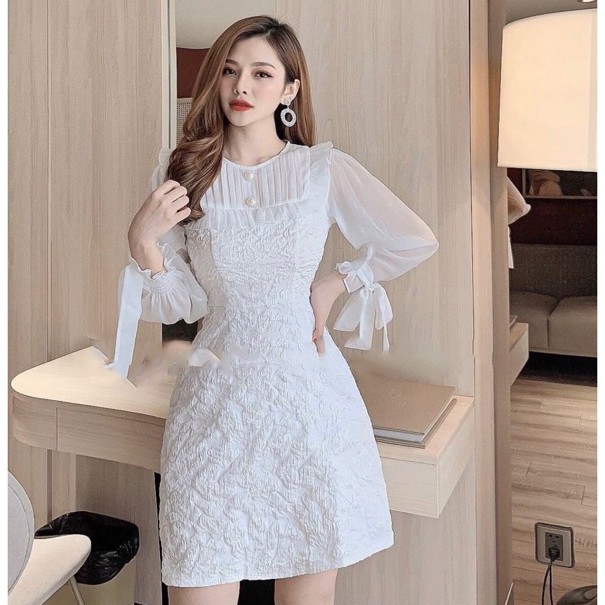 [Mã SKAMA06 giảm 8% tối đa 50K đơn 250K] ĐẦM GẤM PHỐI CỔ VOAN TRẮNG XẾP LI TAY PHỒNG | BigBuy360 - bigbuy360.vn