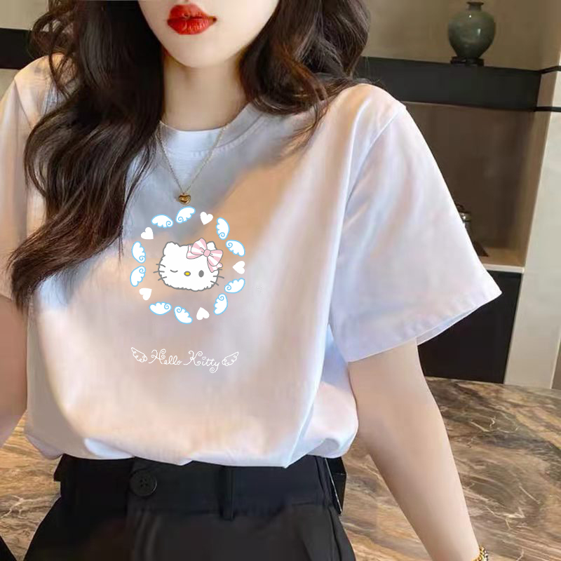 Áo Thun Tay Ngắn Cổ Tròn Dáng Rộng Màu Trơn In Hình Hello Kitty Phong Cách Harajuku Thời Trang Mùa Hè M-4Xl