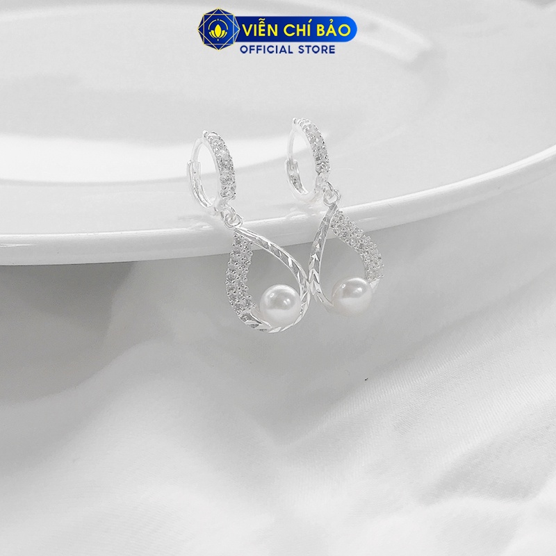 Bông bạc nữ Trái châu giọt nước khóa tròn đính đá bạc 925 thời trang phụ kiện trang sức nữ Viễn Chí Bảo B400292x