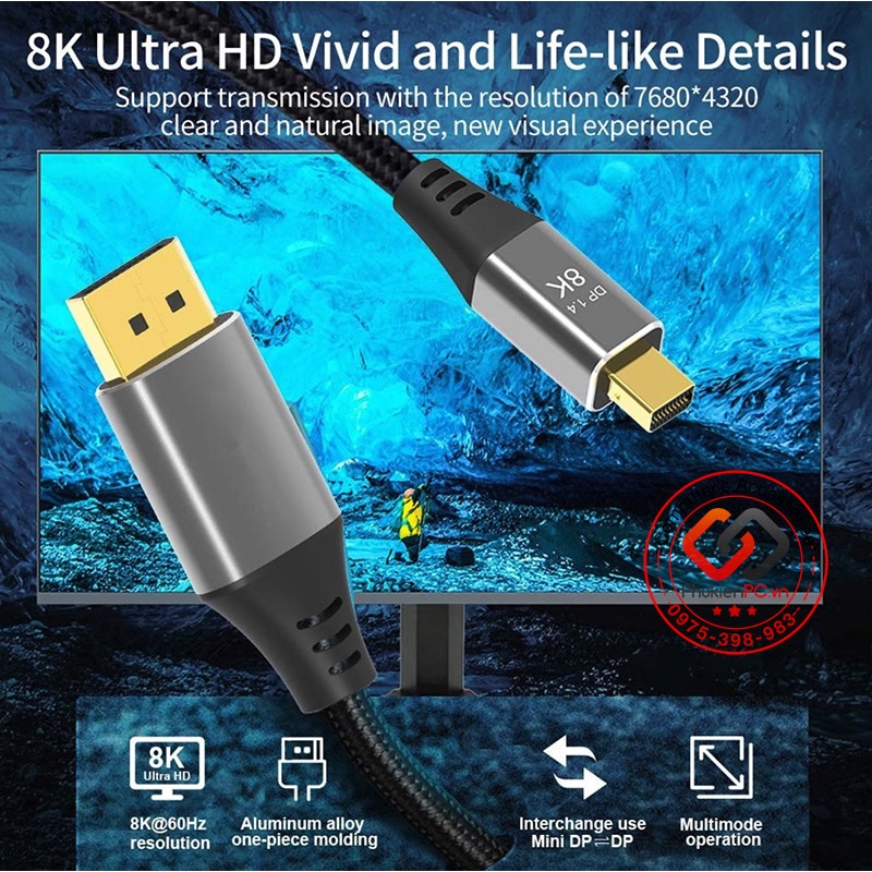Dây cáp Mini Displayport sang Displayport 8K60hz 4K144hz 2K165hz dài 1M 2M