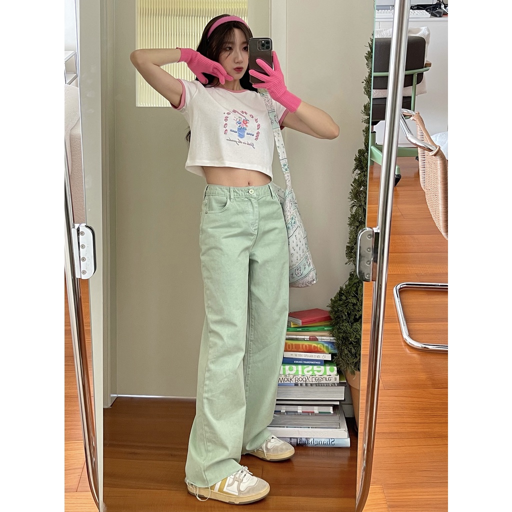 Quần Jean Lưng Cao Ống Rộng Thời Trang Cá Tính Dành Cho Nữ