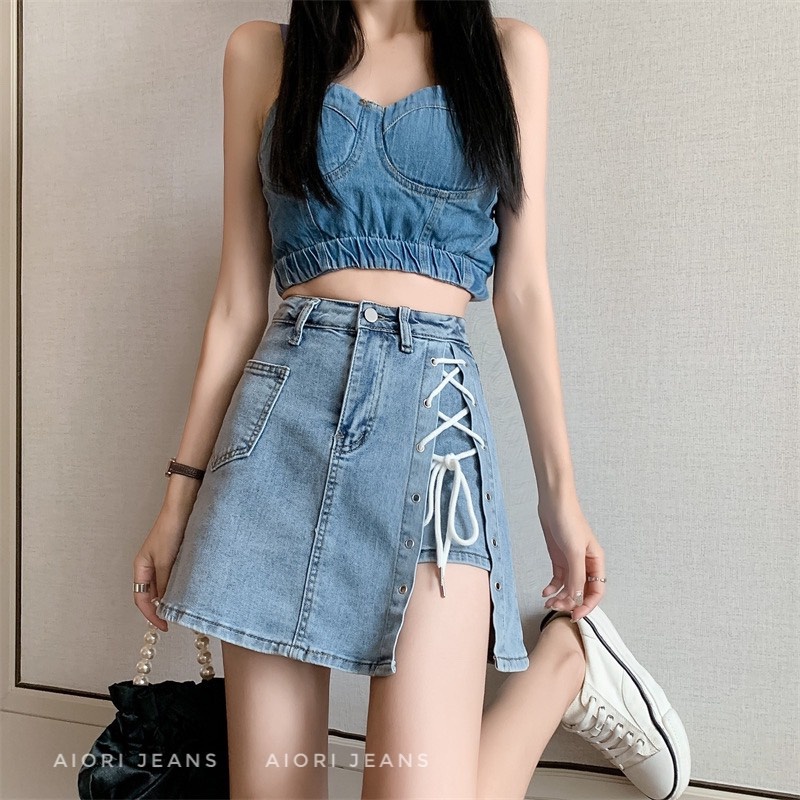 [ĐỦ 4 MÀU] Chân Váy Jean Aiori Cao Cấp Lưng Cao Chất Vải Co Giãn Có Quần Váy Buộc Chéo Dây Xinh Xắn
