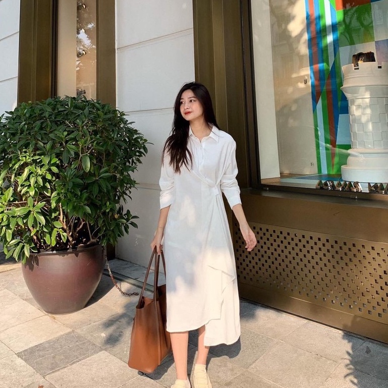 Váy Sơ Mi dáng dài tiểu thư chéo sườn Áo sơ mi chùm mông