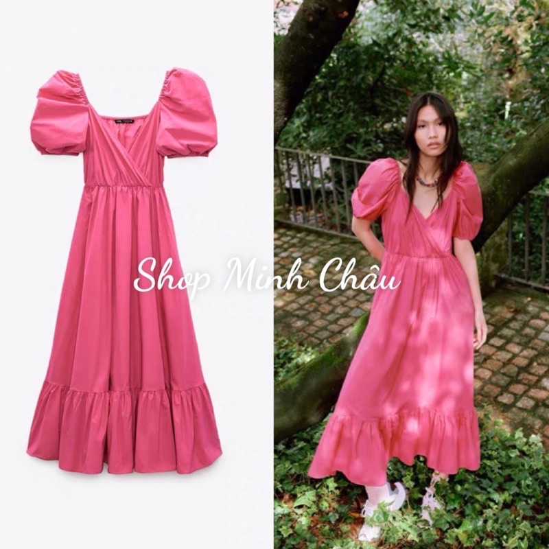 (Sẵn) Váy midi hồng cổ đắp chéo tay phồng Zarrrraa