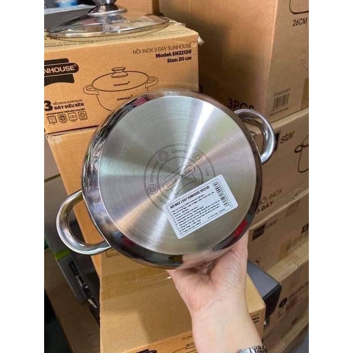 Nồi inox 3 đáy SUNHOUSE SH22120 vung kính đáy từ size 20cm
