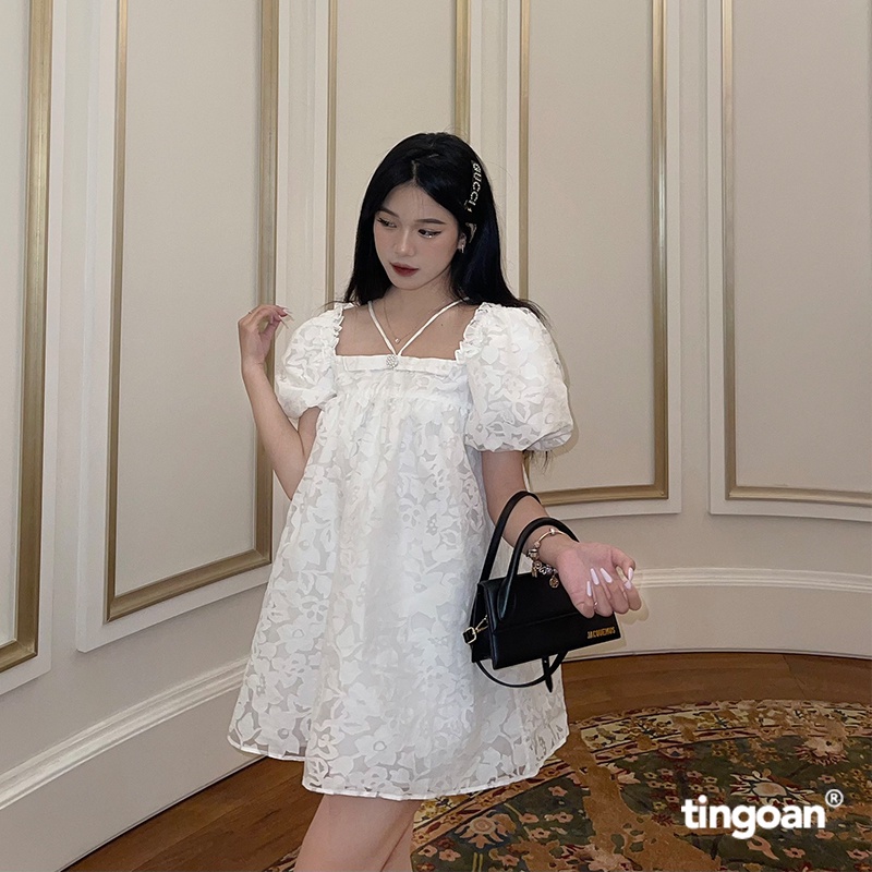 TINGOAN® - Áo babydoll bồng 3 lớp mặc được 2 kiểu vân hoa trắng kèm chi tiết đính cúc ngọc MINI HEART TOP/WH