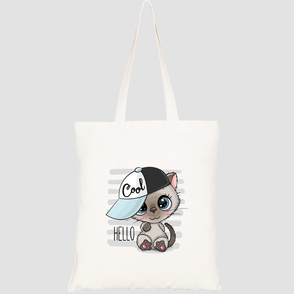 Túi vải tote canvas HTFashion in hình cartoon cool kitten blue cap HT372