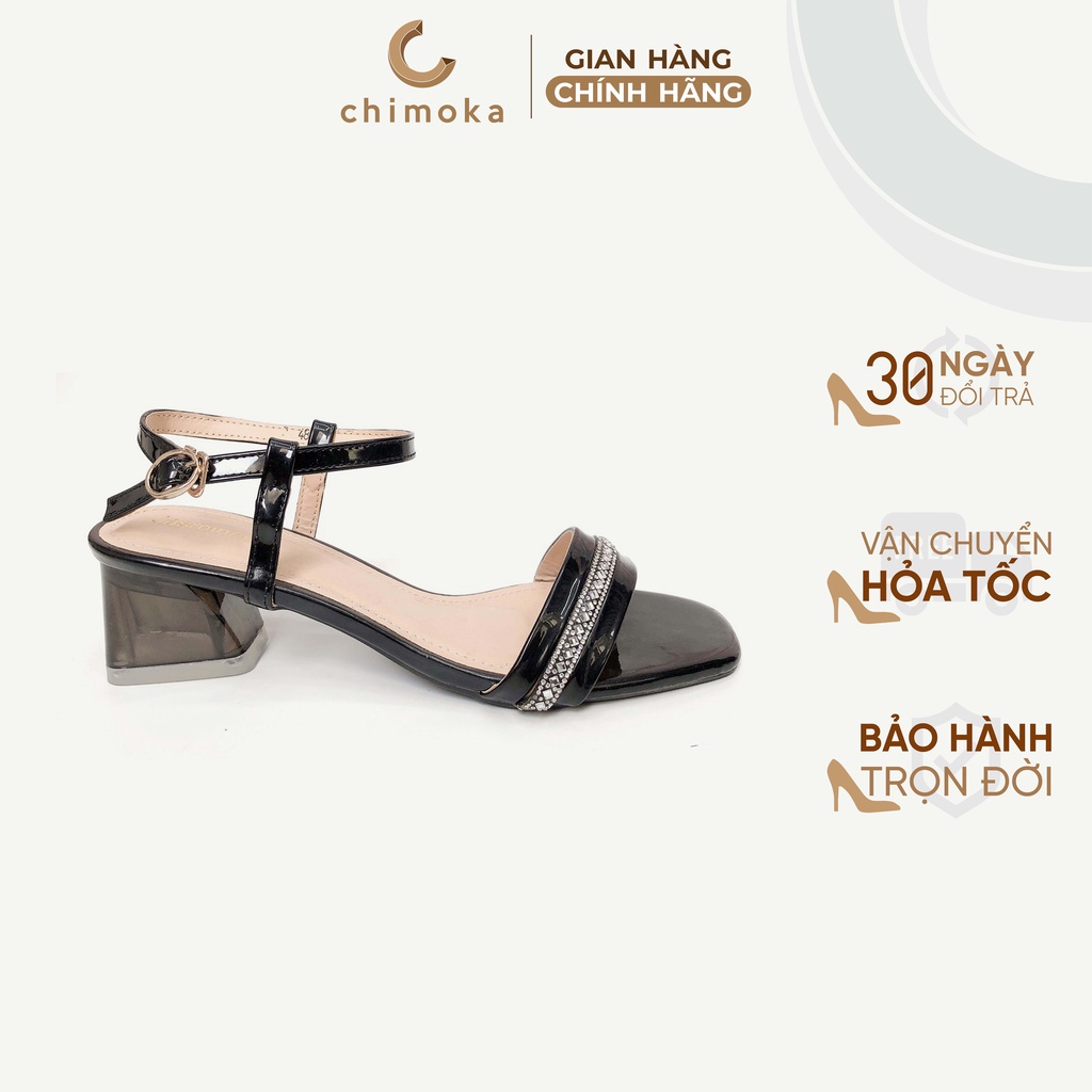 Sandal Nữ Cao Gót Cao Cấp CHIMOKA Đế Vuông 5 Phân Gót Trong Quai Ngang 1 Dây Đính Đá Ba Màu Đen Kem Nâu 4802