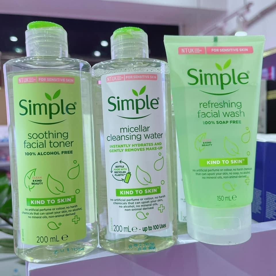 Combo Simple Chăm Sóc Da Nhẹ Dịu: Tẩy Trang + Sữa Rửa Mặt + Nước Hoa hồng