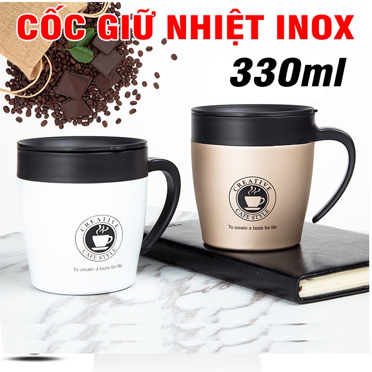 Cốc giữ nhiệt 330ml bằng Inox 304 cao cấp có tay cầm đựng cafe trà kèm thìa inox ( Creative cafe style)