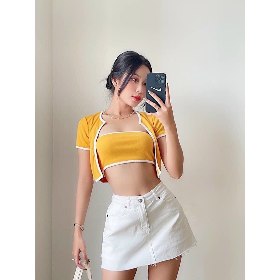 Set áo croptop và áo khoác ngoài chất thun bo mềm mịn cực thời trang | BigBuy360 - bigbuy360.vn