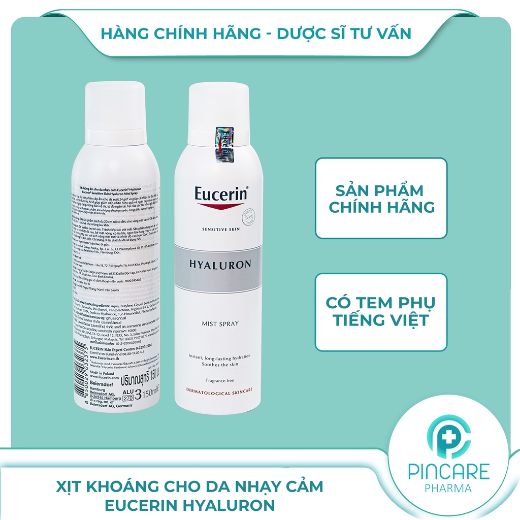 Xịt khoáng dưỡng ẩm da mặt Eucerin Hyaluron Mist Spray 150ml cho da nhạy cảm - Hàng chính hãng - Nhà thuốc PinCare