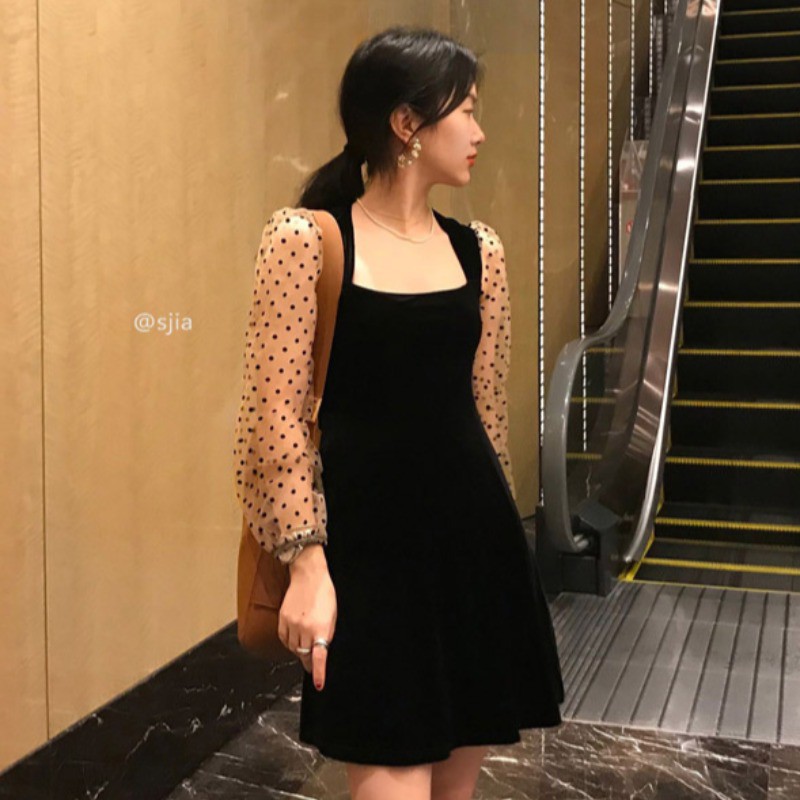 Đầm Nhung Tay Dài Phối Lưới Họa Tiết Chấm Bi Thời Trang Cho Nữ | BigBuy360 - bigbuy360.vn