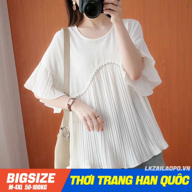 Áo sơ mi babydoll Bigsize Áo kiểu nữ form rộng tay ngắn cổ tròn trắng mùa hè Phong cách Hàn Quốc Thời Trang tiểu thư cá tính xinh đẹp cho người mập béo