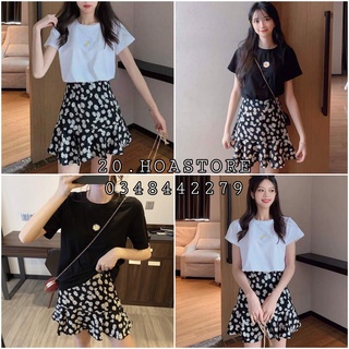 SET CHÂN VÁY CHỮ A CÚC HOẠ MI MIX ÁO PHÔNG HOẠ TIẾT HOA CÚC ĐEN TRẮNG VINTAGE - CHÂN VÁY ĐUÔI CÁ HOA CÚC DAISY ĐEN HOT