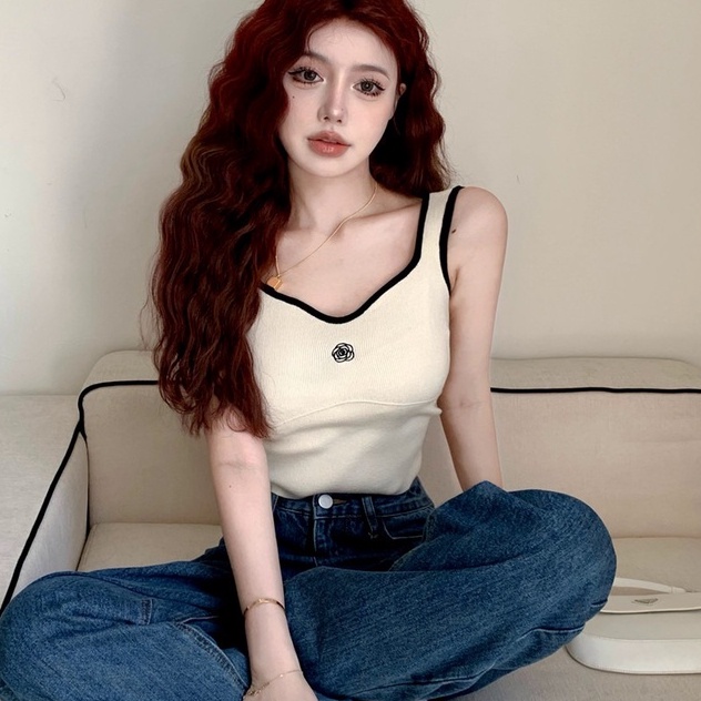 Áo ZHELIHANGFEI dệt kim hai dây thêu hoa quyến rũ hợp thời trang tùy chọn màu sắc