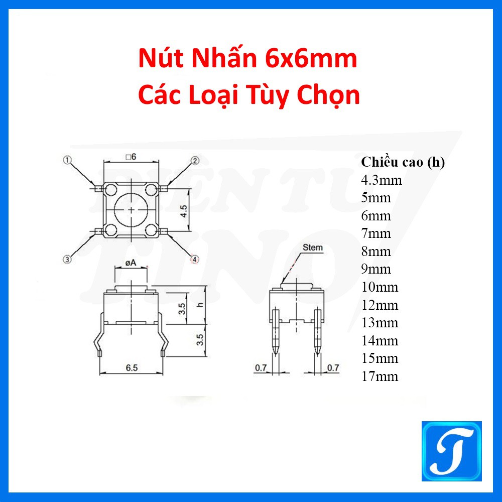 Nút Nhấn 6x6mm 4 Chân Xuyên Lỗ Chiều cao nút nhiều loại tùy chọn