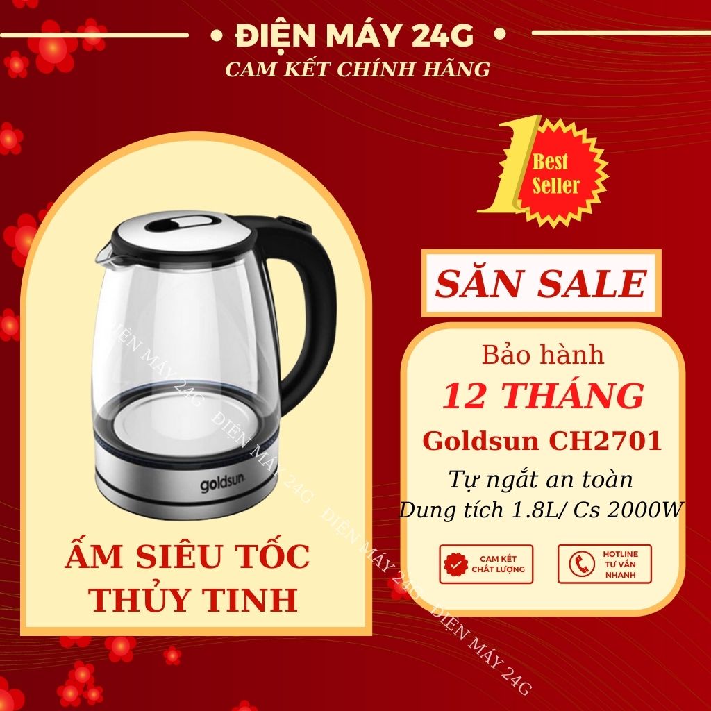 Ấm siêu tốc thủy tinh cao cấp Goldsun CH2701  bình đun nước cách nhiệt tốt bảo vệ an toàn cho người sử dụng chính hãng