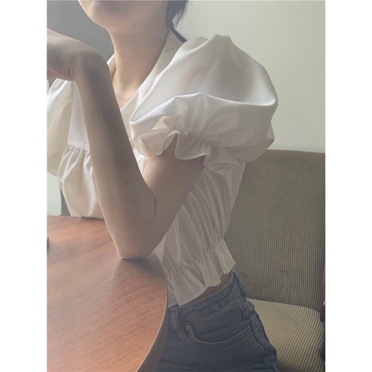 Áo Kiểu Tay Phồng Cổ Búp Bê Phối Ren Phong Cách Hàn Quốc Dễ Thương