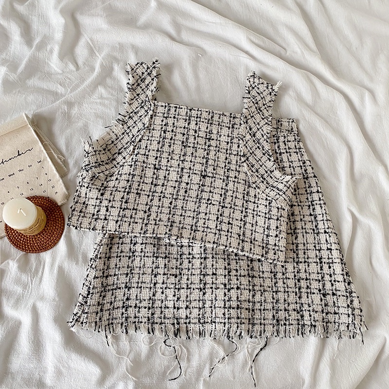 Sẵn  set bộ dạ tweed áo hai dây chân váy chữ A sang chảnh điệu đà hoạ tiết vải tuýt kẻ có bán lẻ rời dễ phối đồ