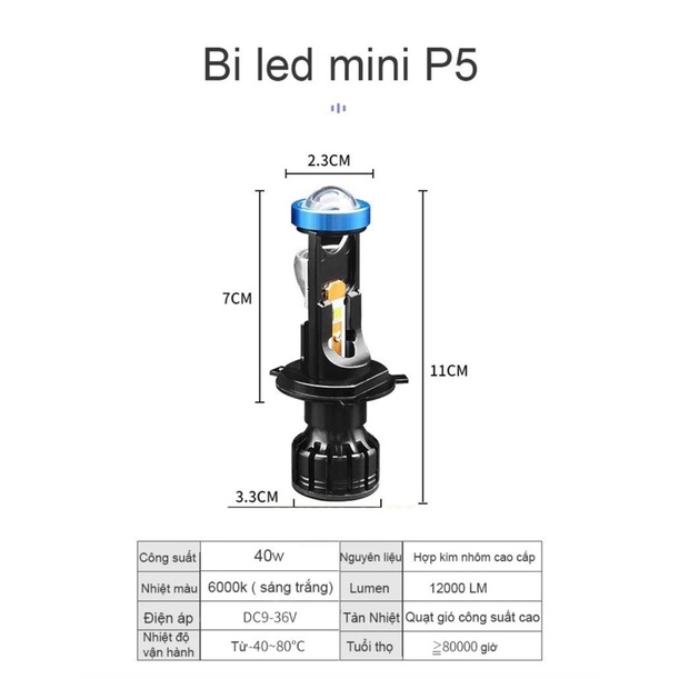 [Giá 1 bóng] Bi cầu Titan mini P5 chip CREE lắp cho Xe máy, Ô tô chân H4. Công suất 40W độ sáng 6000LM. BH 1 năm