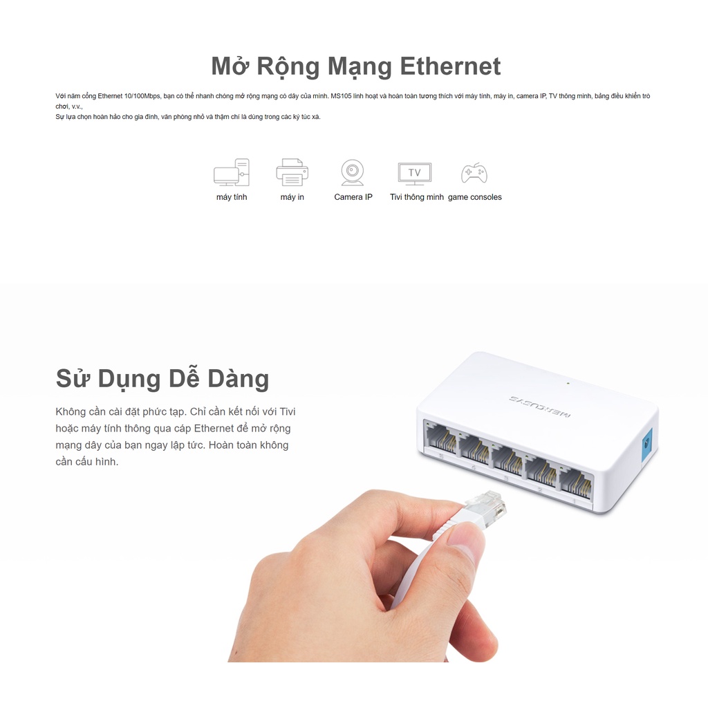 Bộ Chia Tín Hiệu Để Bàn Mercusys MS105 5 Cổng Switch Port 10/100Mbps