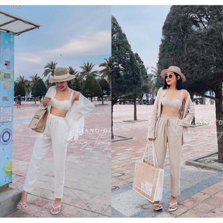 Set áo sơmi kèm bralette quần ống rộng