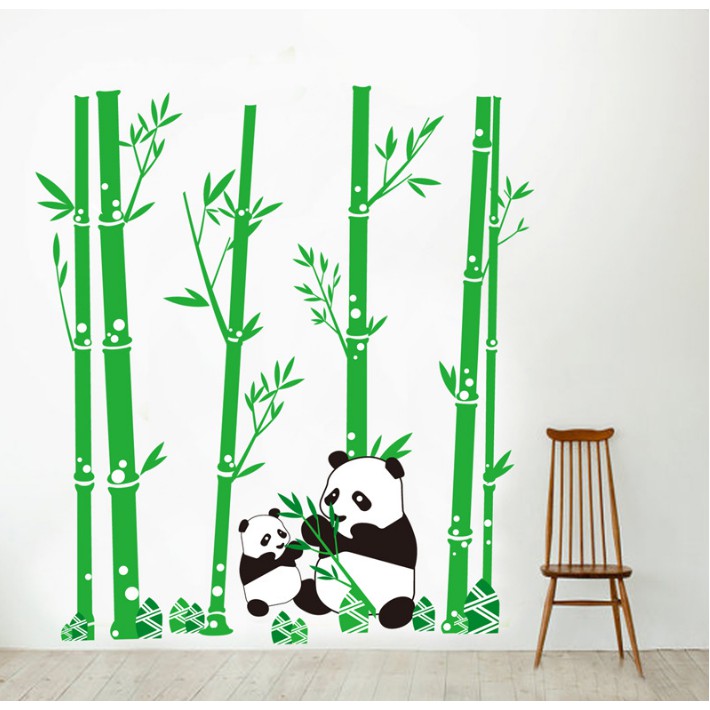 Decal trang trí tường Cây Trúc Xanh và Gấu trúc 2 Mẹ con