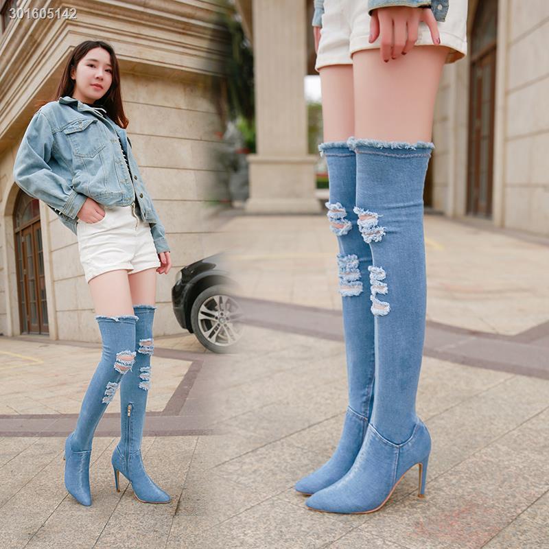 Giày Bốt Cao Gót Cổ Cao Qua Đầu Gối Chất Liệu Denim Thời Trang Thu Đông Cho Nữ