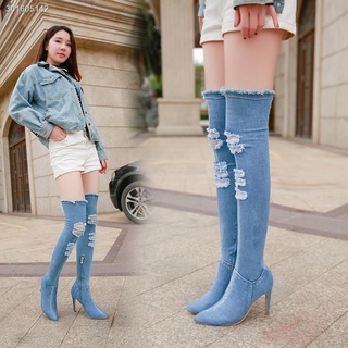 Giày Bốt Cao Gót Cổ Cao Qua Đầu Gối Chất Liệu Denim Thời Trang Thu Đông Cho Nữ