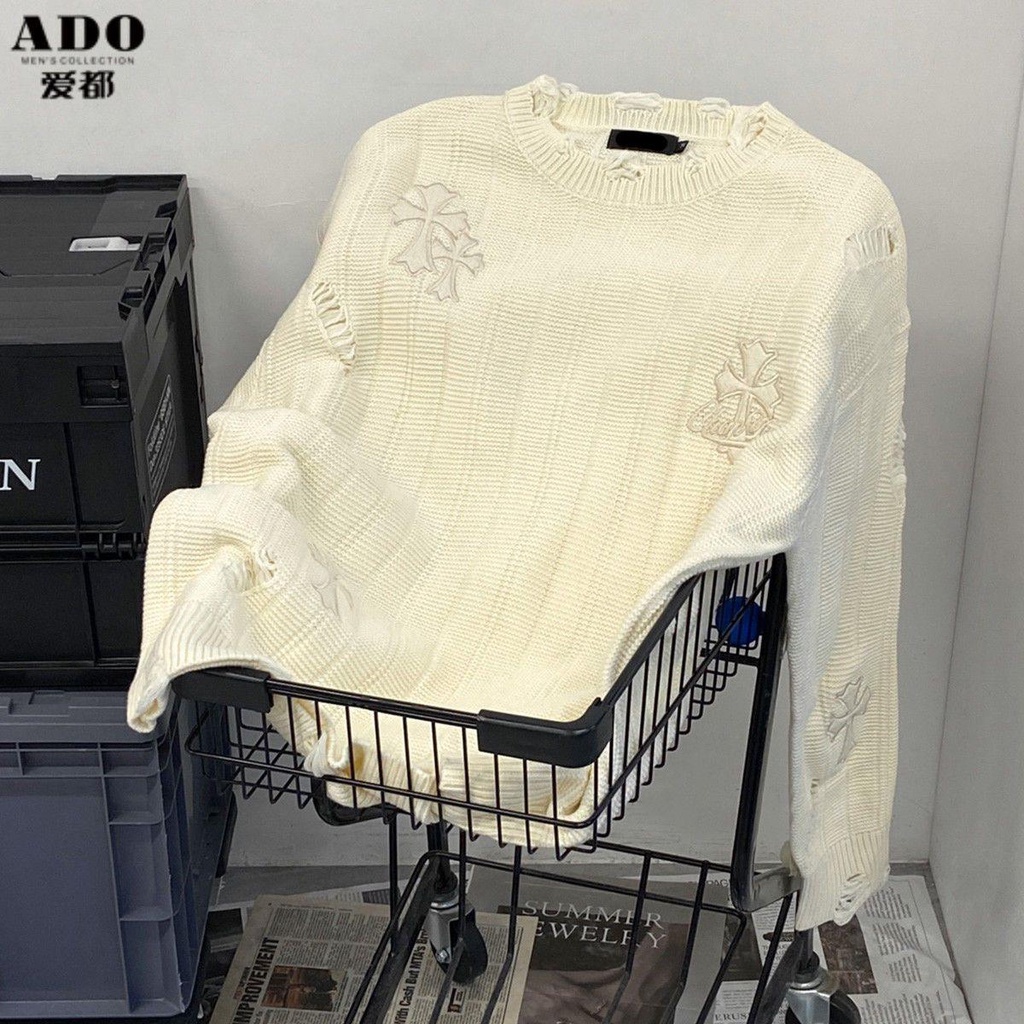 Ado Áo Sweater Dệt Kim Dáng Rộng Rách Chéo Kiểu Mỹ Đường Phố Thu Đông Cho Nam