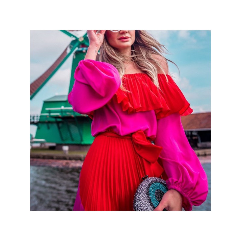 ĐẦM MAXI VÁY MAXI TRỄ VAI TAY BỒNG DẬP LI ĐỎ PHỐI HỒNG CÁNH SEN HÀNG QUẢNG CHÂU | BigBuy360 - bigbuy360.vn