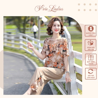 Đồ bộ trung niên nữ cho mẹ, Hàng Quảng Châu cao cấp, Bộ voan hoa mẫu đơn V'vie Ladies #B17