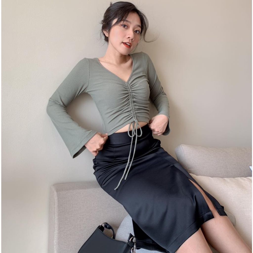 Váy Satin - Chân váy Midi xẻ tà