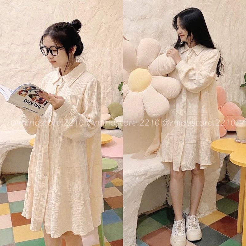 Váy babydoll dáng ngắn chất xô đẹp mềm mại tiểu thư dễ thương tay dài cổ sơ mi mang hằng ngày