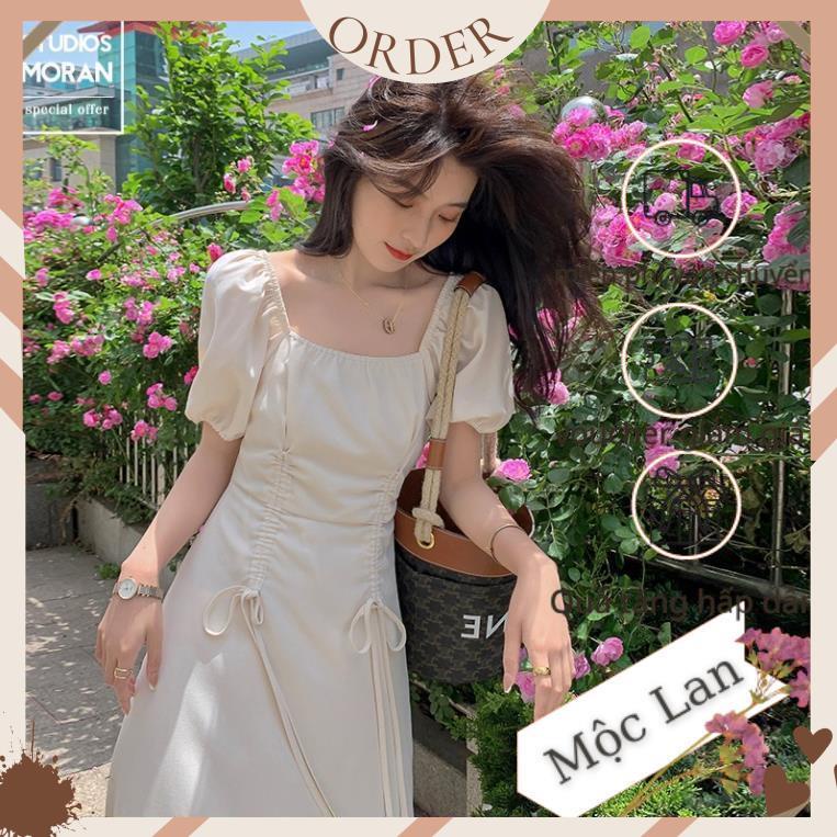(MộcLan ORDER) Váy MORAN tay phồng cổ vuông eo rút dây 2 bên xòe dài tiểu thư sang trọng kiểu Pháp | BigBuy360 - bigbuy360.vn