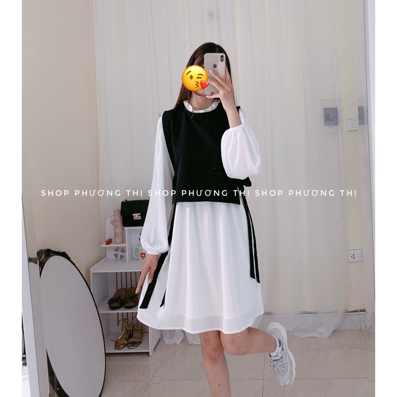 [Mã WASTUP9 giảm 10% tối đa 30K đơn 150K] Sét váy trắng voan kèm gile buộc nơ eo siêu xinh (hàng sẵn/hình shop tự chụp)