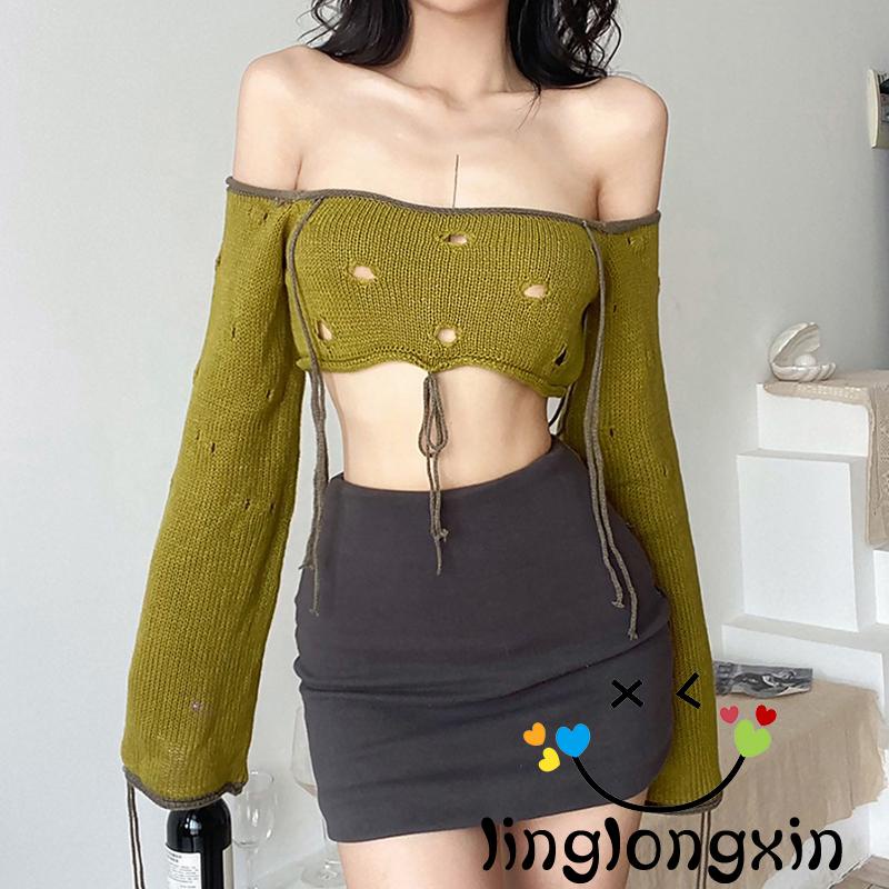 Áo Croptop Trễ Vai Tay Dài Phối Rách Màu Xanh Lá Cây Thời Trang Đường Phố Cho Nữ Linglongxi2