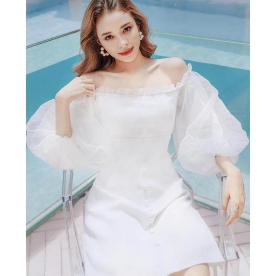 Đầm dự tiệc trễ vai nút bọc phối xốp | BigBuy360 - bigbuy360.vn