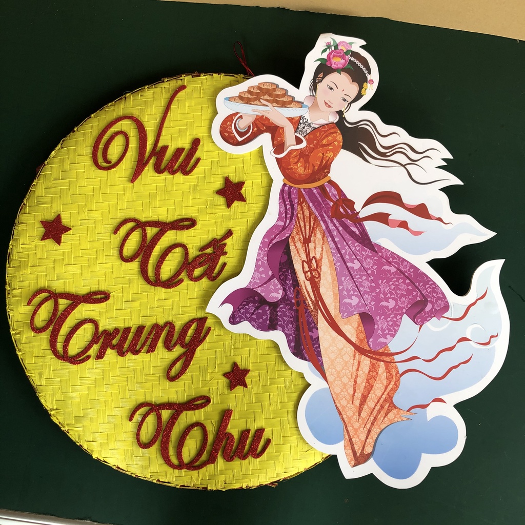 Mẹt tre trang trí Vui Tết Trung Thu cùng chị Hằng Nga dưới ánh trăng tròn đường kính 60cm chữ xốp nổi phủ nhũ lấp lánh