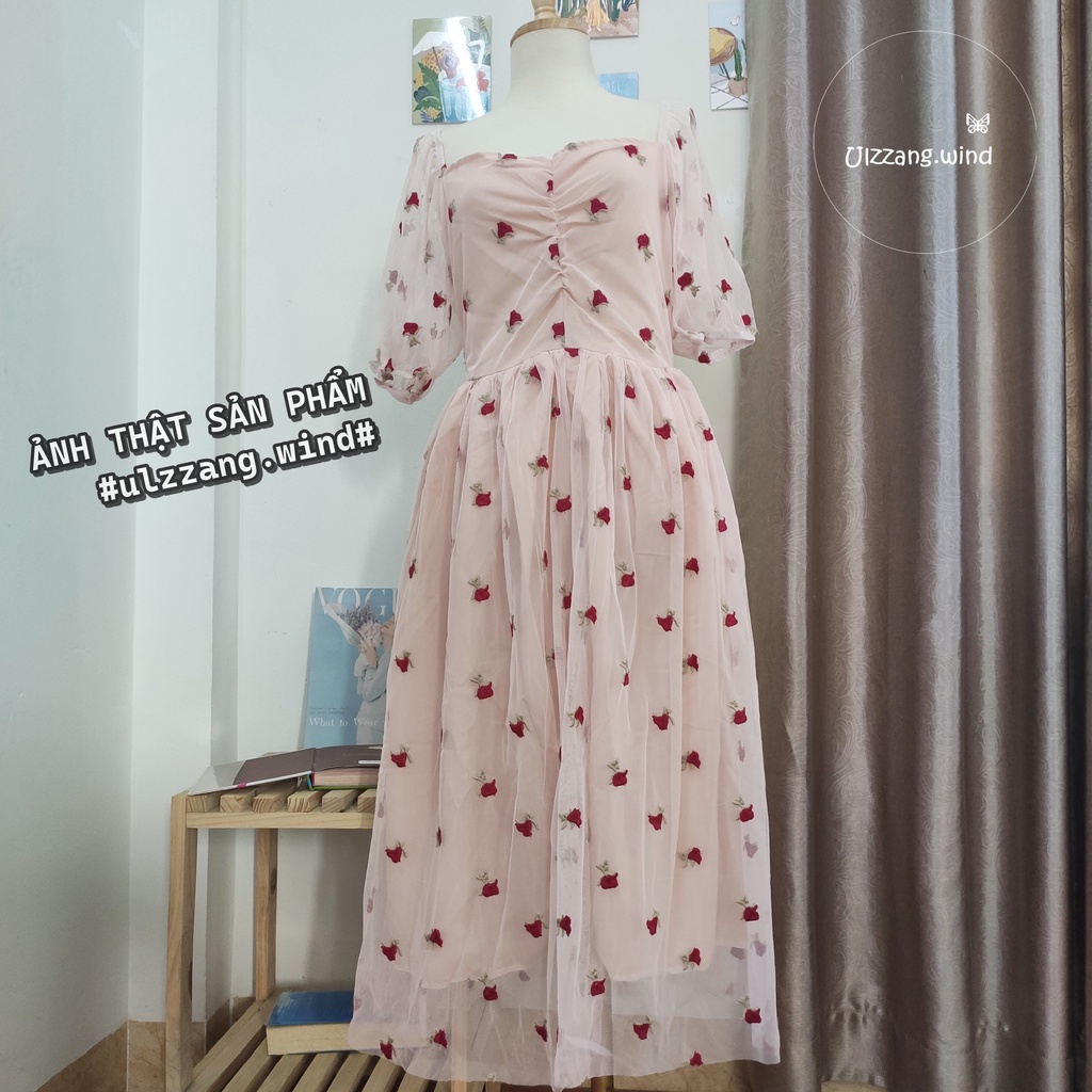 Đầm ulzzang tiểu thư cúp ngực thêu hoa hồng nổi - u.w
