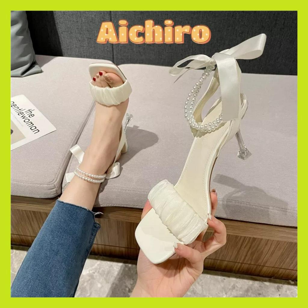 Giày sandal 7cm quai ngang bèo nhún,giày cao gót quai ngọc phối nơ hottrend,Sandal cao gót Aichiro