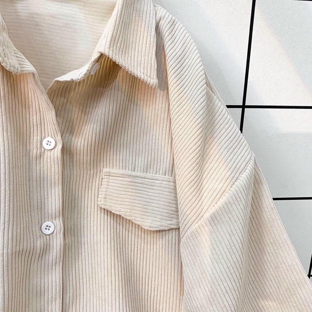 Áo Khoác Sơ Mi Nhung Gân Nam Nữ Unisex Nắp Túi 1 Bên Chất Dày Dặn Phong Cách Hàn Quốc