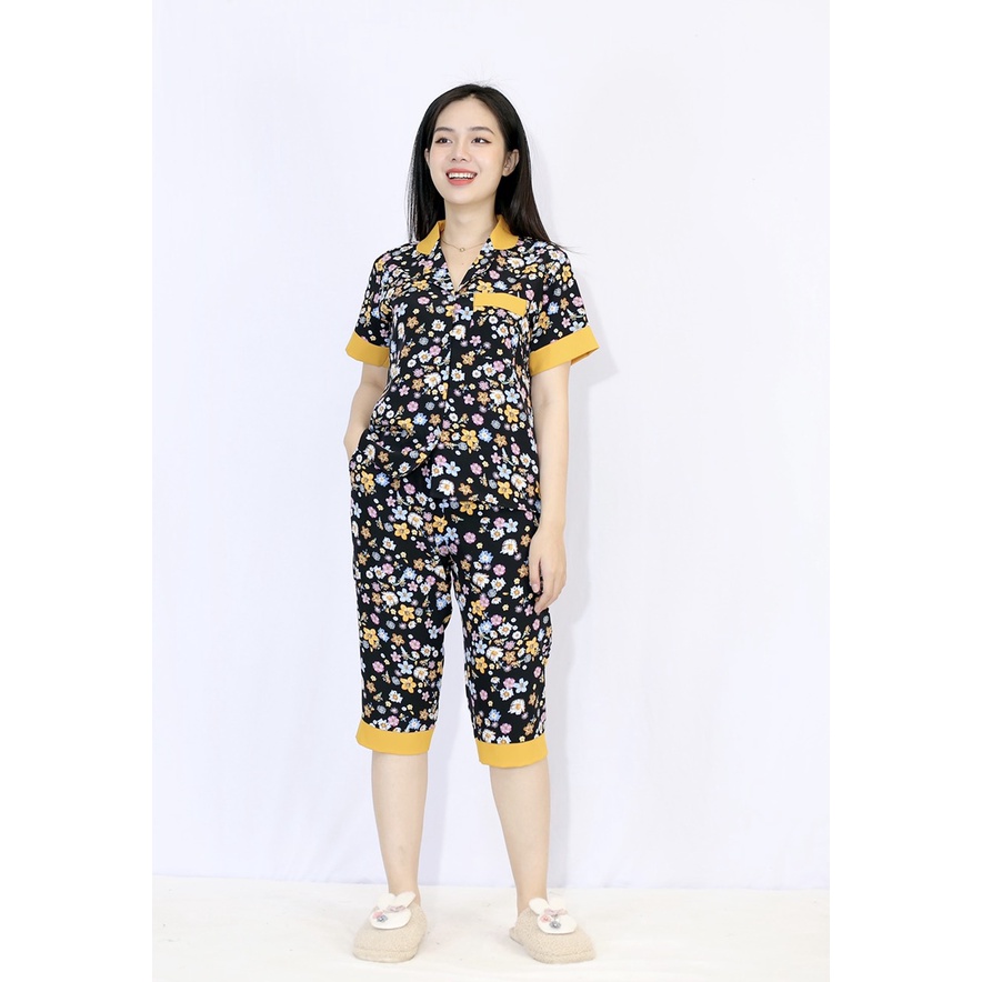 [HÌNH THẬT 100%] Bộ đồ Pijama nữ lửng MÀU ĐEN HOA NHÍ PHA CỔ VÀNG - vải lụa cao cấp - Cực Kì Sang Chảnh