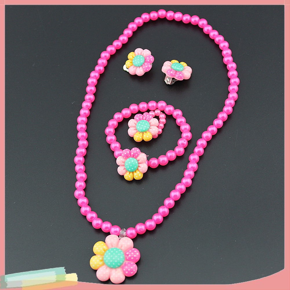 Bộ Trang Sức Gồm Vòng cổ / Vòng Tay / Nhẫn / Bông Tai Hình Hoa Đính Ngọc Trai Nhân Tạo Dễ Thương Cho Bé Gái