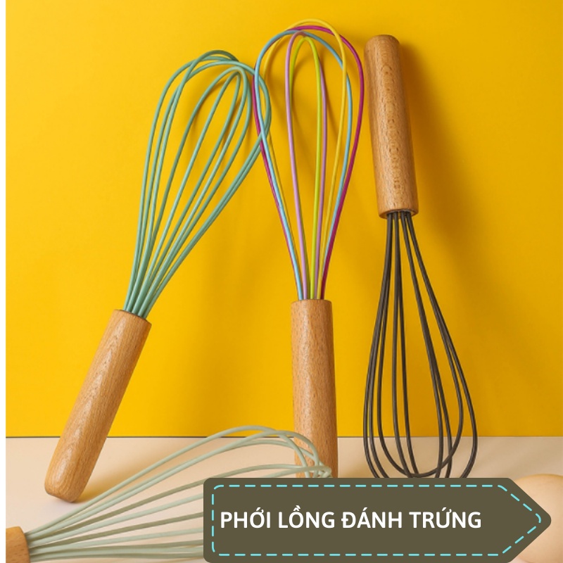 Cây Đánh Trứng Cầm Tay Silicon - Phới Lồng Đánh Trứng Cán Gỗ Tông Màu Pastel Cao Cấp - Dụng Cụ Đánh Trứng Nhiều Màu