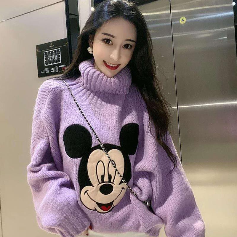 Áo Sweater Len Cổ Lọ In Hình Chuột Mickey Đáng Yêu