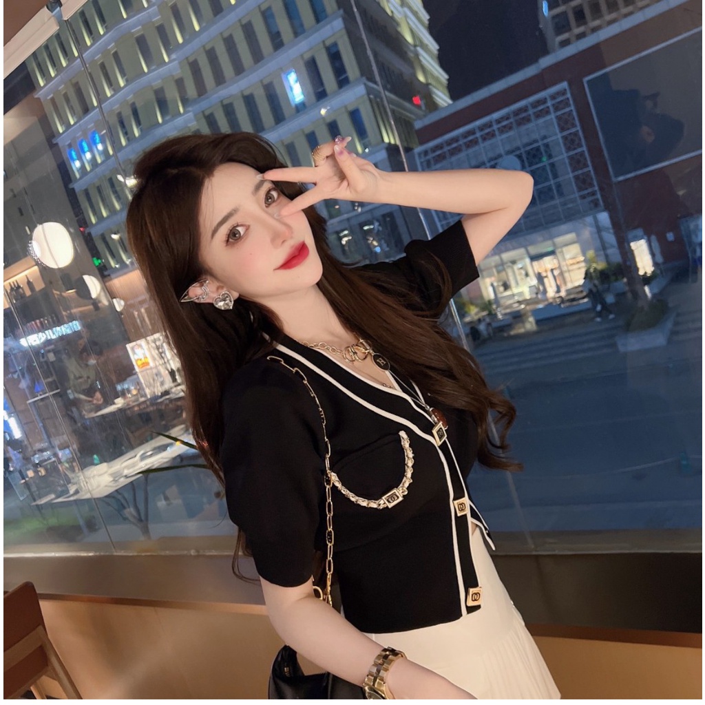 SUXI Áo Cardigan Ngắn Tay Cổ Chữ V Màu Sắc Tương Phản Đơn Giản Thời Trang Mùa Hè Cho Nữ